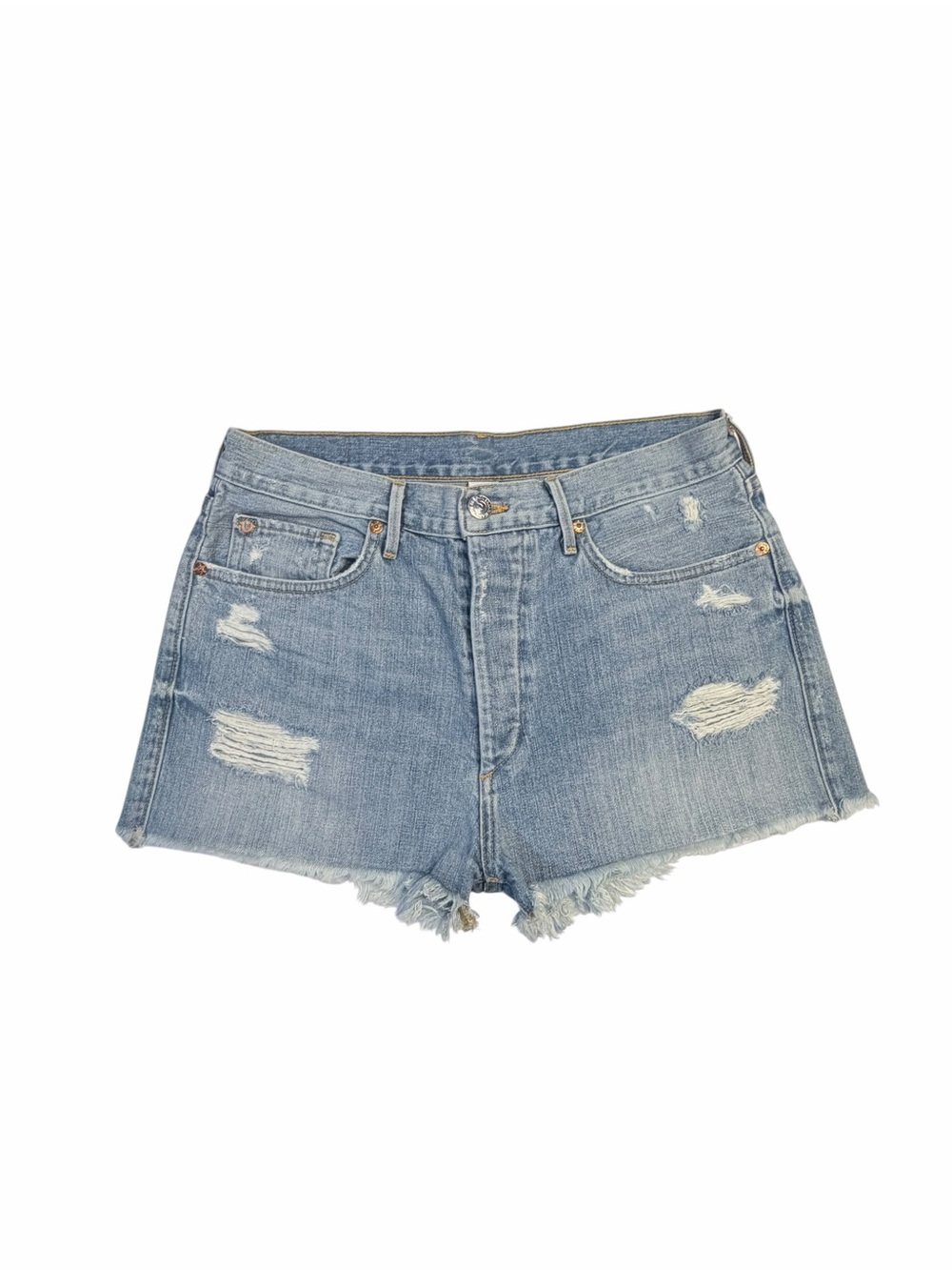 True Religion Light Wash Distressed Denim Shorts